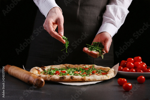 chef make pizza cooking recipe. vegetarian pizza 