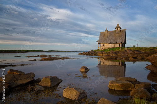 Old wooden church built for filming on the White Sea, Russia