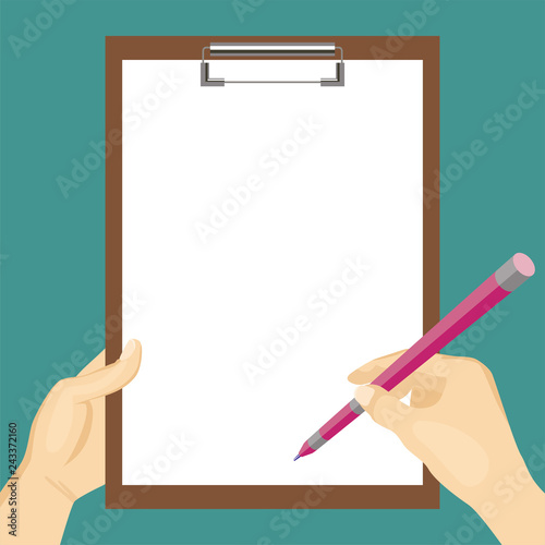 Hand holding clipboard with white blank sheet of paper and hand holding pen. Empty clipboard template. Flat style. Vector image.