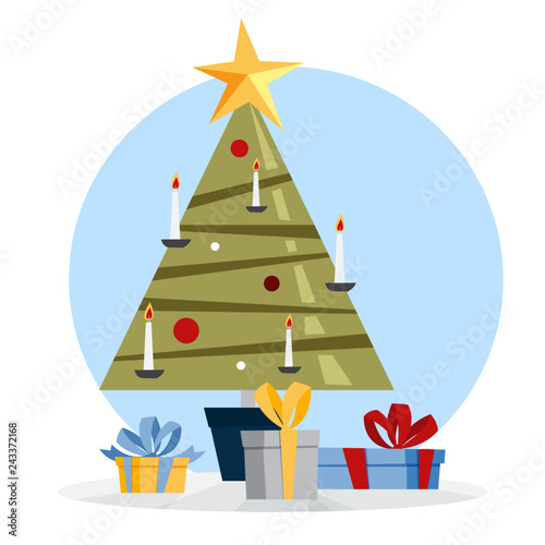 Christmas green tree with gift boxes around