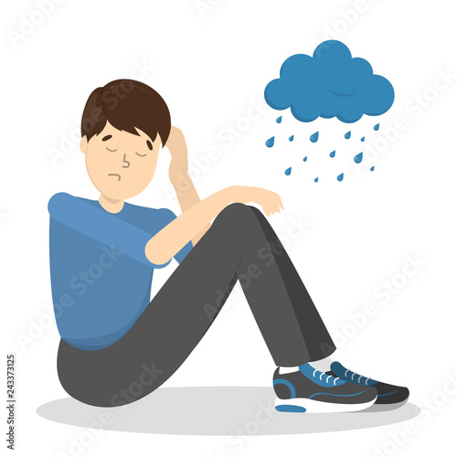 Sad depressed man with rainy cloud above
