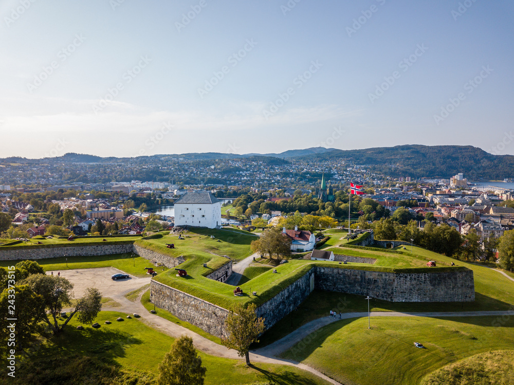 Drone Photo of the City Trondheim in Norway on Sunny Summer Day with Mountains in the Background and the Look on Old Castle
