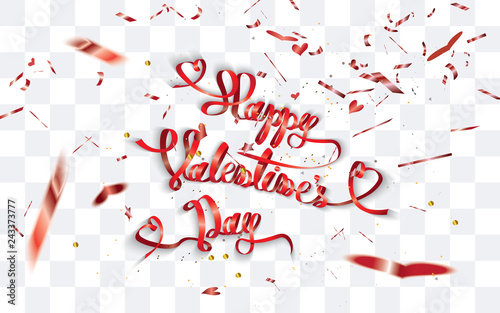 Happy Valentine's Day-text written with decorative paper and defocused heart shaped confetti around on transparent background