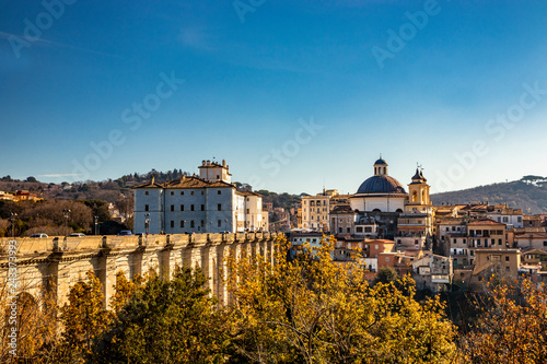 View of Ariccia, with the monumental bridge, the baroque Chigi palace and the church of Santa Maria Assunta by Gian Lorenzo Bernini. Castelli Romani, Lazio, Italy.