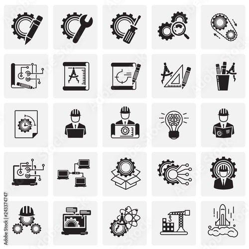 Engineering icons set on squares background for graphic and web design, Modern simple vector sign. Internet concept. Trendy symbol for website design web button or mobile app