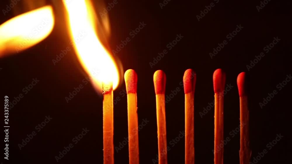 Ignition matches in sequence, metaphor of influence, chain reaction, domino effect.