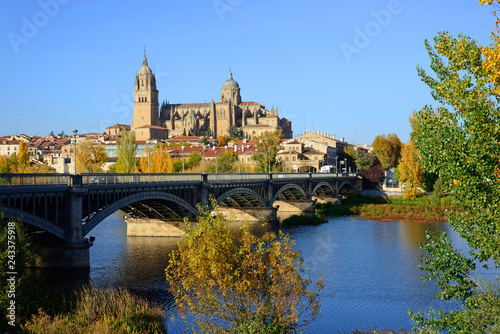 Salamanca, Spain - November 15, 2018: Cathedral of Salamanca and the Bridge of Enrique Estevan in the foreground. photo