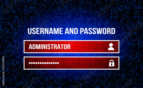 Username field - username and password in the Internet browser, the background of the stream of binary matrix code on the monitor screen. concept of access and security.