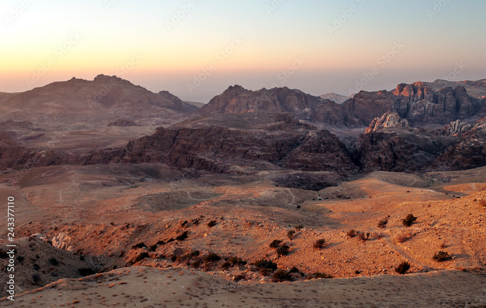 Sunset in the mountains of the Petra desert in Jordan