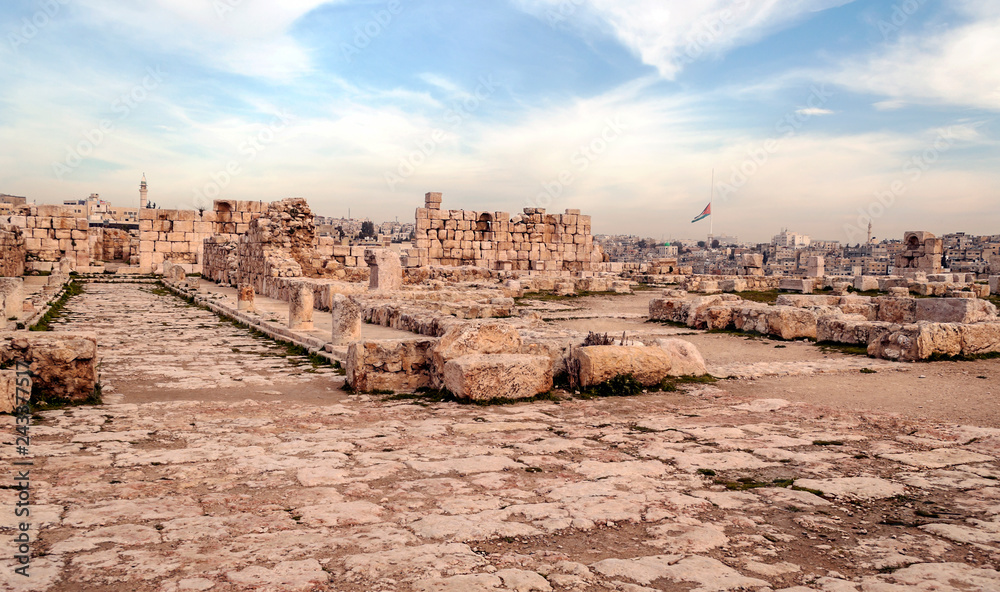 Roman archeological remains in Amman in the capital of Jordan on a cloudy day.