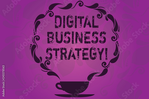 Text sign showing Digital Business Strategy. Conceptual photo Plan for maximizing the business benefits Cup and Saucer with Paisley Design as Steam icon on Blank Watermarked Space