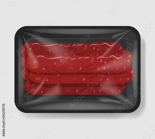 Sausages in plastic tray container with cellophane cover. Mockup template for your design. Plastic food container. Vector illustration.