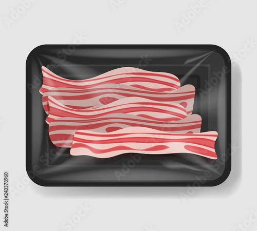 Bacon in plastic tray container with cellophane cover. Mockup template for your design. Plastic food container. Vector illustration.