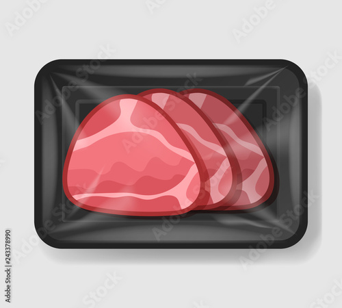 Baked glazed ham in plastic tray container with cellophane cover. Mockup template for your design. Plastic food container. Vector illustration.
