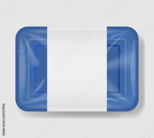 Plastic tray container with cellophane cover. Mockup template for your design. Plastic food container with clear white label template. Vector illustration.