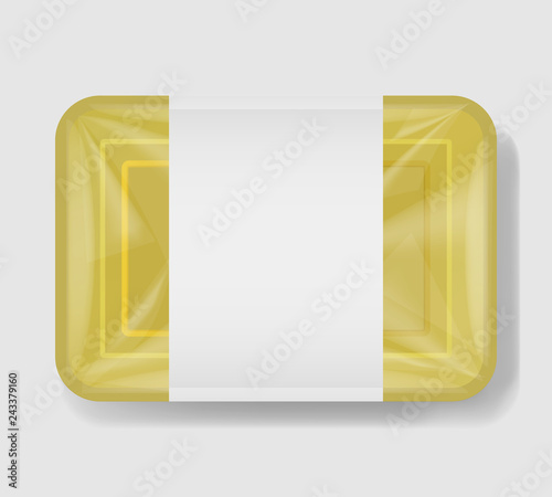 Plastic tray container with cellophane cover. Mockup template for your design. Plastic food container with clear white label template. Vector illustration.