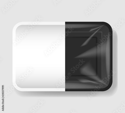 Plastic tray container with cellophane cover. Mockup template for your design. Plastic food container with clear white label template. Vector illustration.