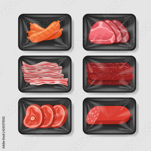 Various meat products in plastic tray container with cellophane cover. Mockup template for your design. Plastic food container. Vector illustration.