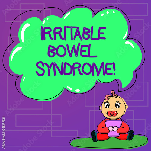 Handwriting text Irritable Bowel Syndrome. Concept meaning Disorder involving abdominal pain and diarrhea Baby Sitting on Rug with Pacifier Book and Blank Color Cloud Speech Bubble