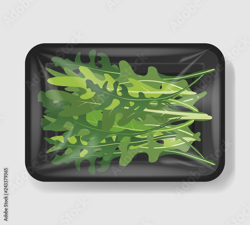 Arugula salad leaves with plastic tray container with cellophane cover. Mockup template for your design. Plastic food container. Vector illustration.