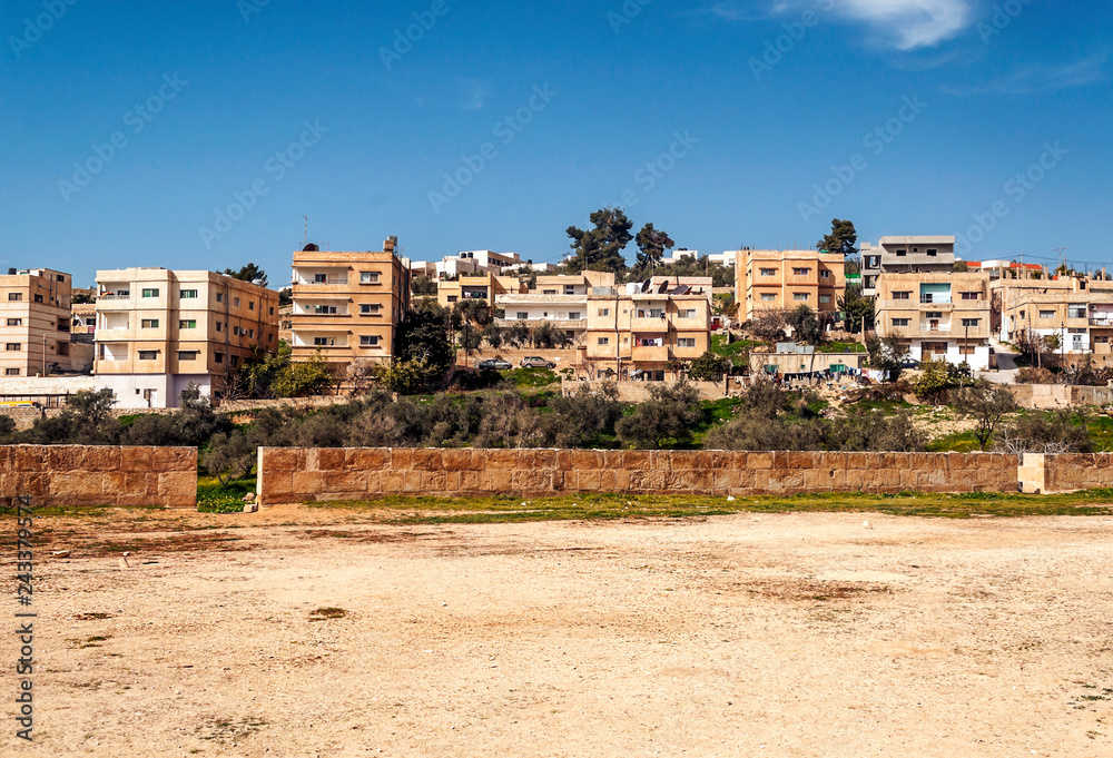 Roman archeological remains in Jerash in Jordan on a sunny day.