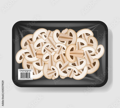 Sliced mushrooms in plastic tray container with cellophane cover. Mockup template for your design. Plastic food container. Vector illustration.