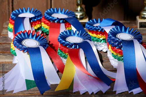 Group of horse riding equestrian sport trophys badges rosettes at equestrian event at summertime