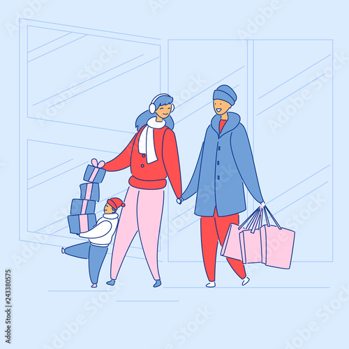 Modern flat cartoon characters family spending happy time together shopping,vector hand drawn style.Flat small people,smiling cartoon boy son and parents happily carry supermarket buys goods