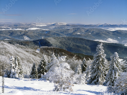 view from Jaworzyna Krynicka mountain to Beskid Sadecki Mountains and Beskid Niski Mountains, Poland
