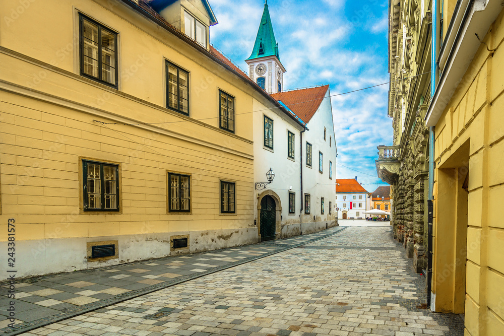Varazdin city center scenery. / Scenic view at famous picturesque street in city center of Varazdin, former capital town in Croatia Europe.