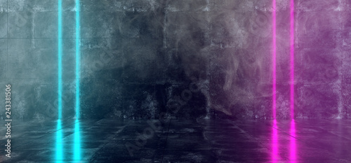 Alien Sci Fi Modern Futuristic Dark Empty Reflective Concrete Grunge Room With Neon Laser Led Glowing Pink Purple Blue Vertical Lines And Smoke Fog Atmosphere 3D Rendering