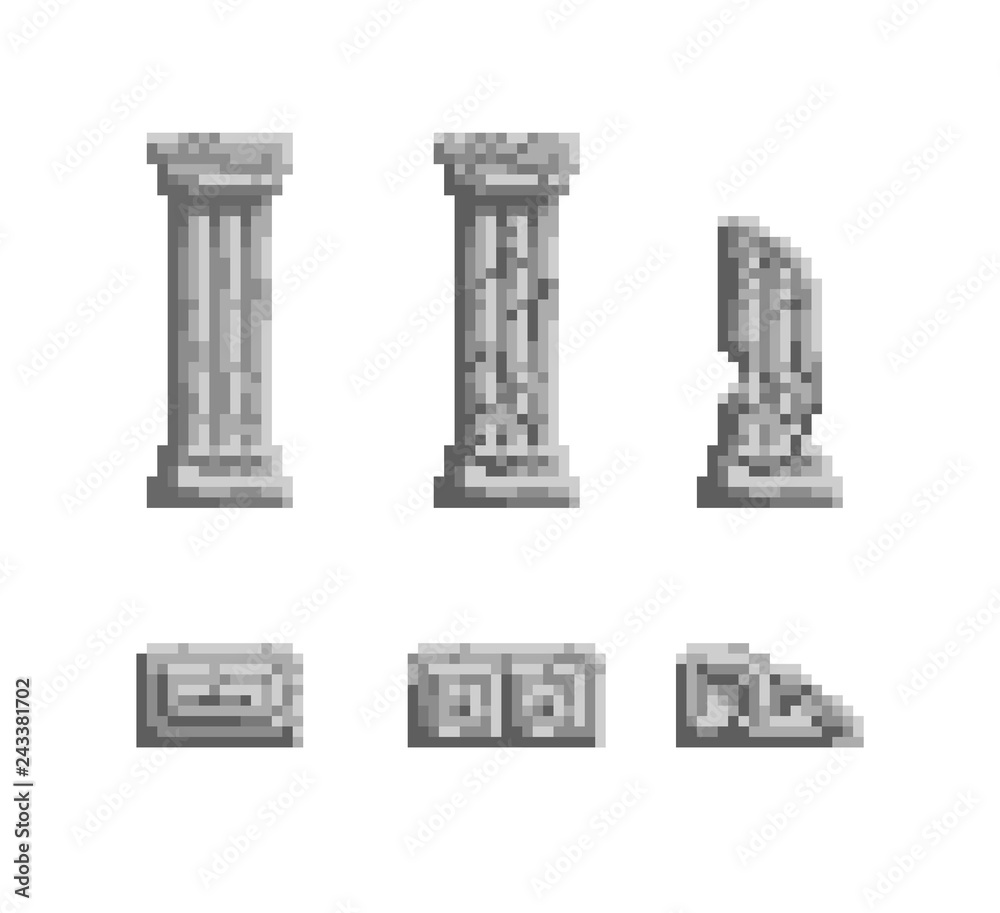 Vector pixel art illustration 8 bit gray ancient column ruins isolated. Old video game style art