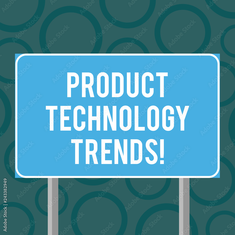 Writing note showing Product Technology Trends. Business photo showcasing Readily accepted in the market Becoming popular Blank Outdoor Color Signpost photo with Two leg and Outline Writing note showing Product Technology Trends. Business photo showcasing Readily accepted in the market Becoming popular Blank Outdoor Color Signpost photo with Two leg and Outline