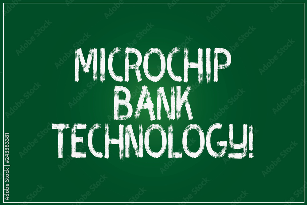 Conceptual hand writing showing Microchip Bank Technology. Business photo showcasing Binary transactions of bank fund and savings Color Rectangular Shape Outline and Round Beam in Center