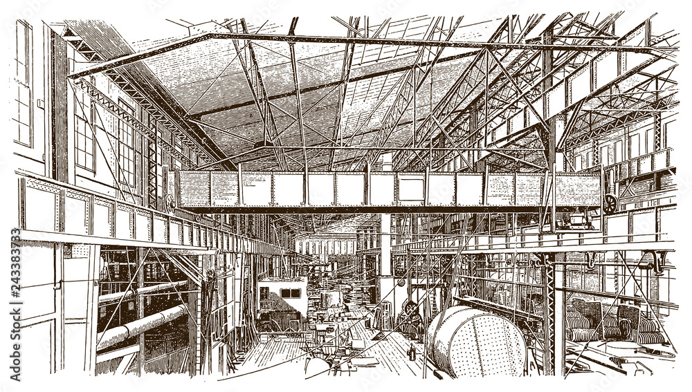 Interior view of a historical forge shop or factory building (after an engraving or etching from the 19th century)