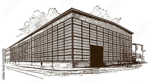 Exterior view of antique machine shop, factory building, warehouse or manufacturing plant, after engraving from 19th century