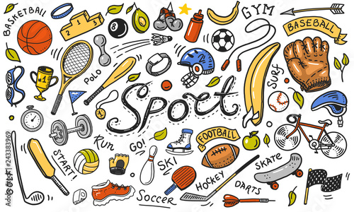 Set of sport icons doodle style. Equipment for fitness and training. Symbols of health and activity. Tennis and football, basketball. Games for the gym and physical education. Background for web site.