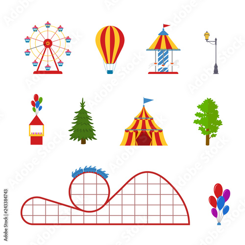 Cartoon Amusement Park Color Icon Set. Vector