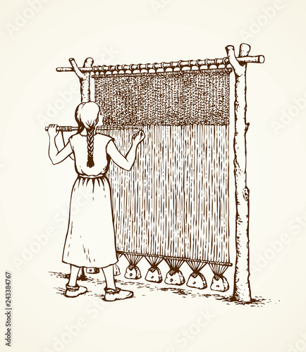 Vector illustration. Woman weaves in ancient loom