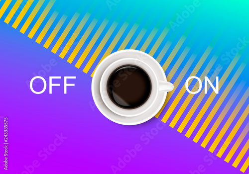 A realistic cup of coffee and abstract On Off switcher on bright blue and purple background with sound wave equalizer.