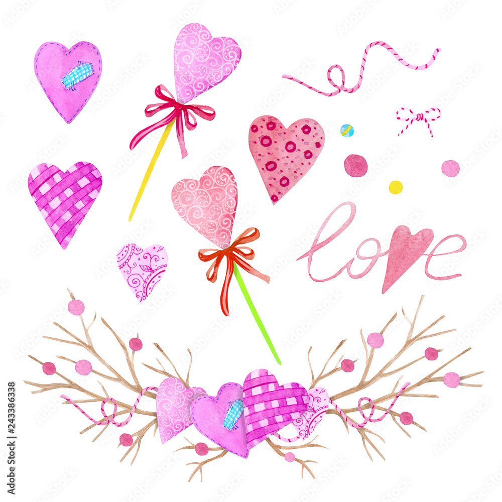 A large set of watercolor elements for Valentine's Day or wedding day. Flowers, arrow, envelope, balloon, heart, cup and other watercolor elements.