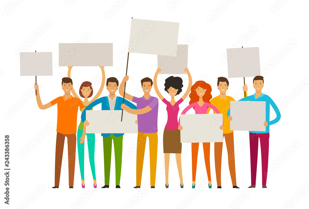 Fototapeta premium Crowd of happy people with posters on the procession. Parade, public activity concept. Vector illustration