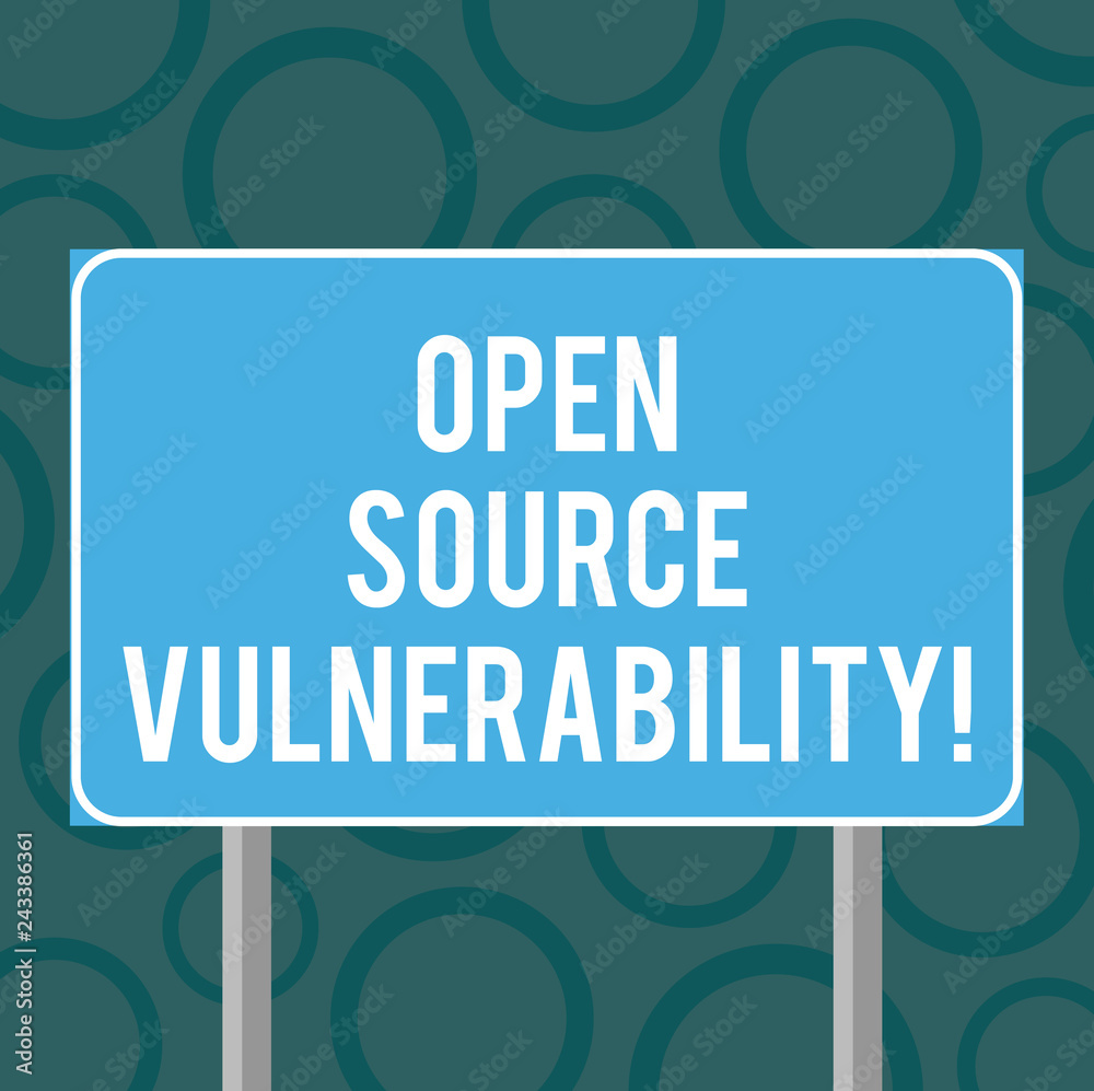 Writing note showing Open Source Vulnerability. Business photo showcasing Publicized Exploits are open to malicious users Blank Outdoor Color Signpost photo with Two leg and Outline Writing note showing Open Source Vulnerability. Business photo showcasing Publicized Exploits are open to malicious users Blank Outdoor Color Signpost photo with Two leg and Outline