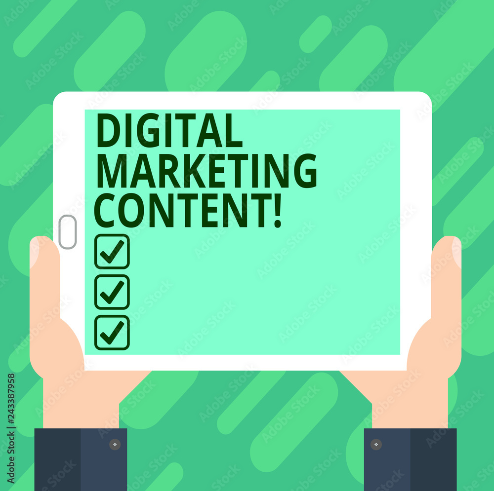 Conceptual hand writing showing Digital Marketing Content. Business photo text Distributing content for targeted audience online Hu analysis Hand Holding Tablet Smartphone Display Unit photo Conceptual hand writing showing Digital Marketing Content. Business photo text Distributing content for targeted audience online Hu analysis Hand Holding Tablet Smartphone Display Unit photo