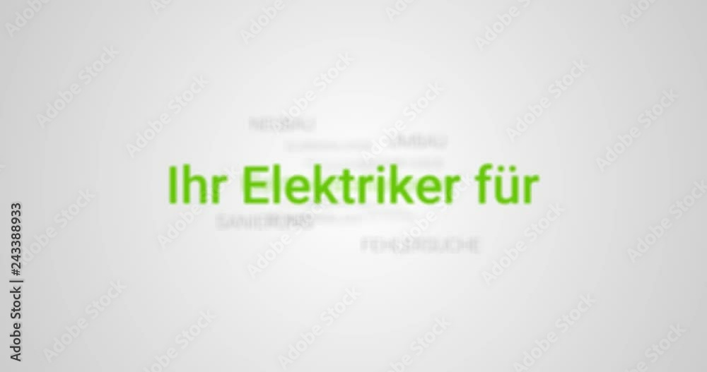 Animation welches die Leistungen eines Elektrikers zeigt. Grauer Hintergrund, grüne Schrift