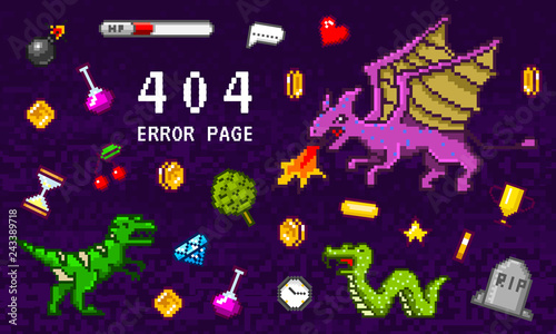 404 Error page not found. Pixel art 8 bit objects. Retro game assets. Set of icons. Vintage computer video arcades. Vector illustration. Background for web site.