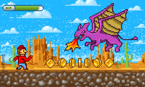 Game scene. Pixel art 8 bit objects. Platformer video interface. Retro location. Clouds, mountains, dragon and character. Vintage computer video arcades. Vector illustration. Background for web site.
