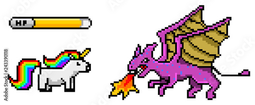 Pixel art 8 bit objects. Dinosaur pony rainbow unicorn and dragon. Retro game assets. Set of icons. vintage computer video arcades. Vector illustration.