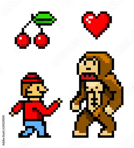 Pixel art 8 bit objects. Character Monkey Cherry and Heart. Retro game assets. Set of icons. vintage computer video arcades. Vector illustration.