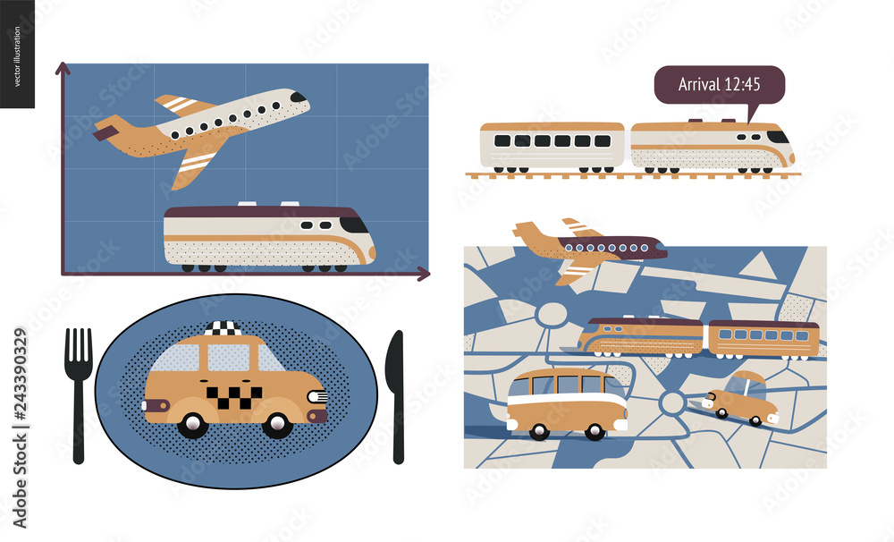 From point A to point B a set of transportation planning concept - airplane and train timetable graphics, taxi service, city road map, train timetable